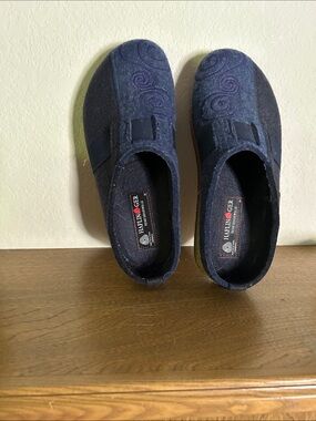 Haflinger Navy Wool Slip-On clog slippers with Swirl Stitching